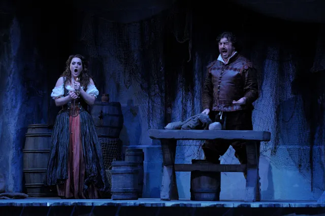 Nicole Piccolomini as Maddalena in Rigoletto at Lyric Opera of Chicago, with Andrea Silvestrelli