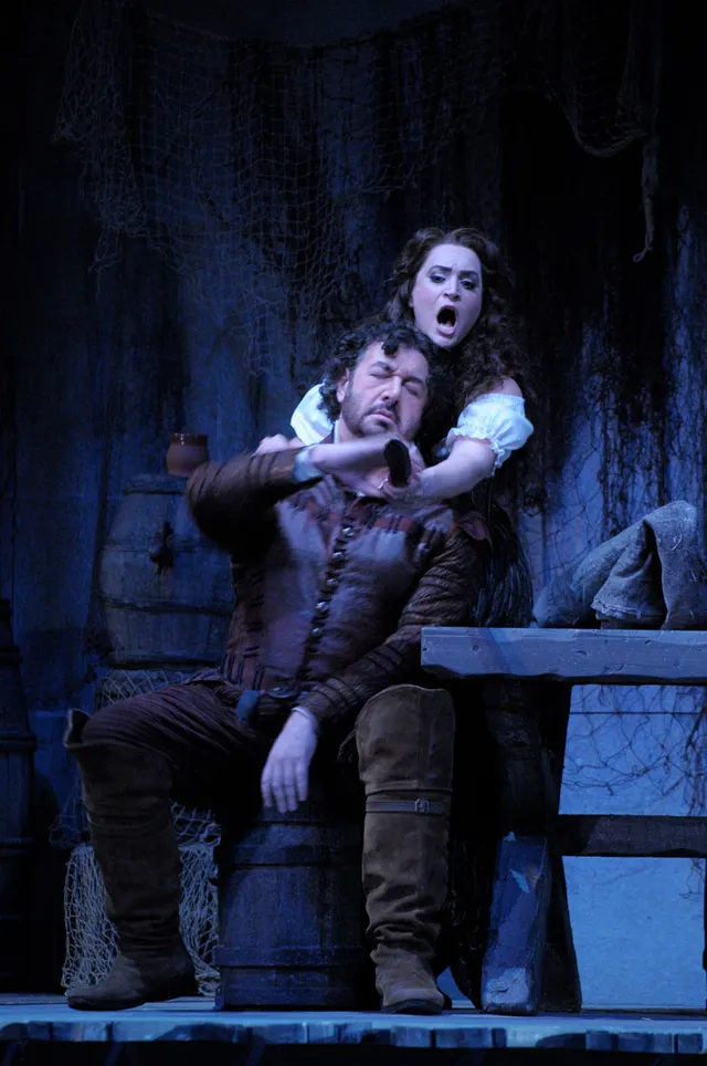 Nicole Piccolomini as Maddalena in Rigoletto at Lyric Opera of Chicago, with Andrea Silvestrelli