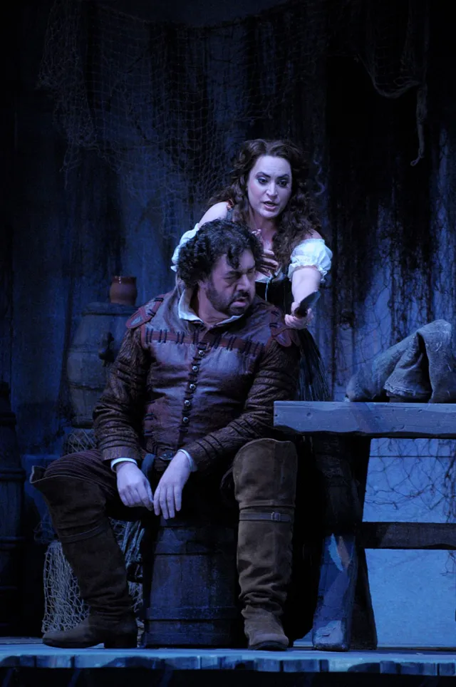 Nicole Piccolomini as Maddalena in Rigoletto at Lyric Opera of Chicago, with Andrea Silvestrelli