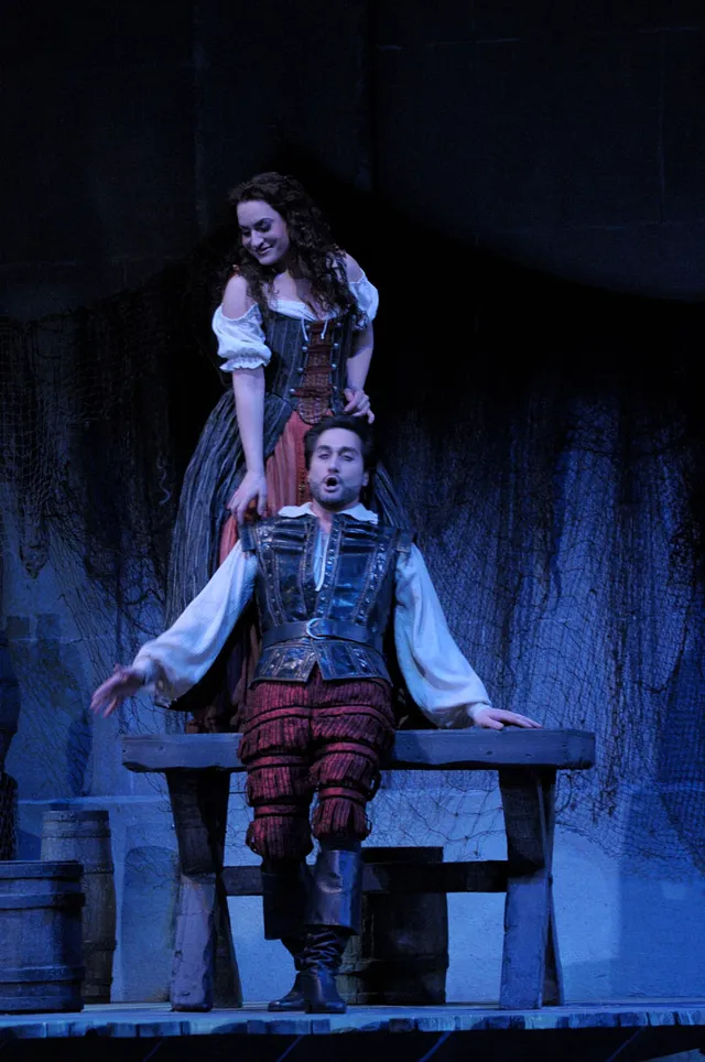 Nicole Piccolomini as Maddalena in Rigoletto at Lyric Opera of Chicago, with Andrea Silvestrelli